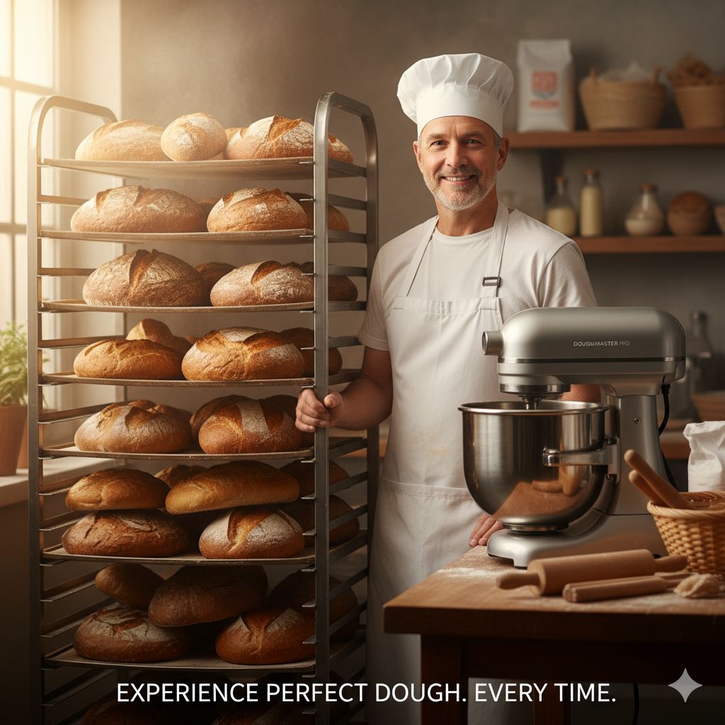 Professional baker with DoughMaster Pro mixer and fresh artisan bread - Experience Perfect Dough Every Time